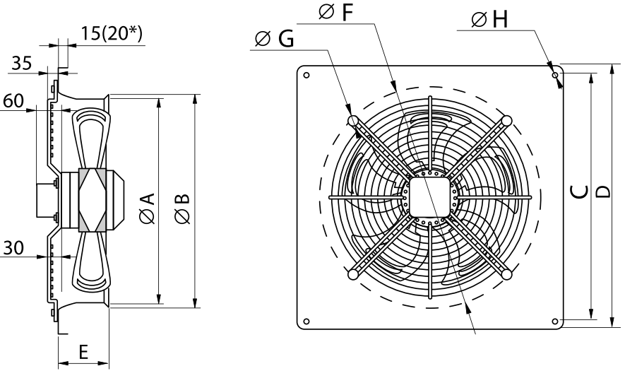 размеры на осевой промышленный вентилятор Lufberg AX-W-550-4D